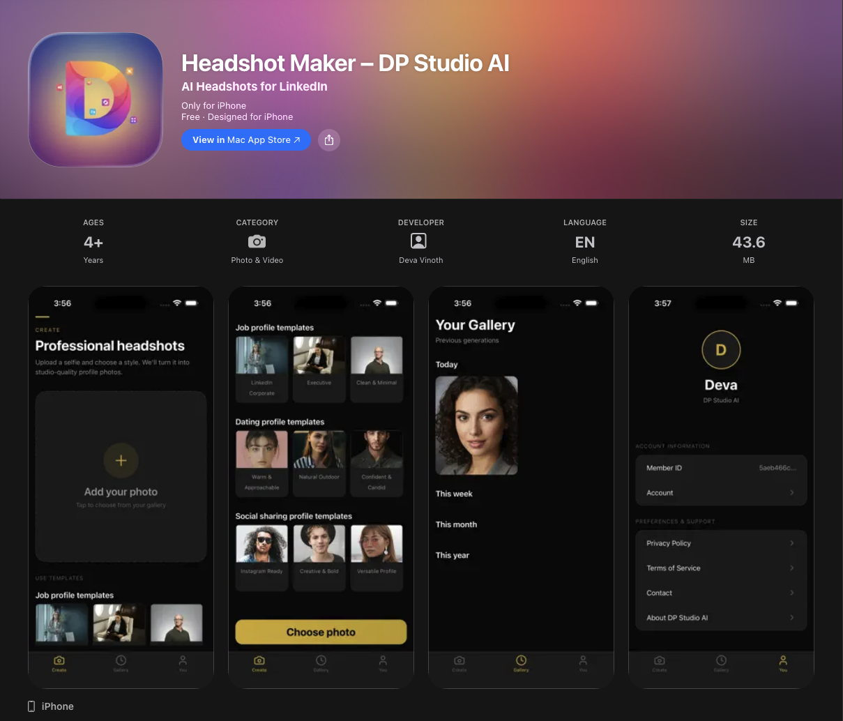 Headshot Maker DP Studio AI app preview