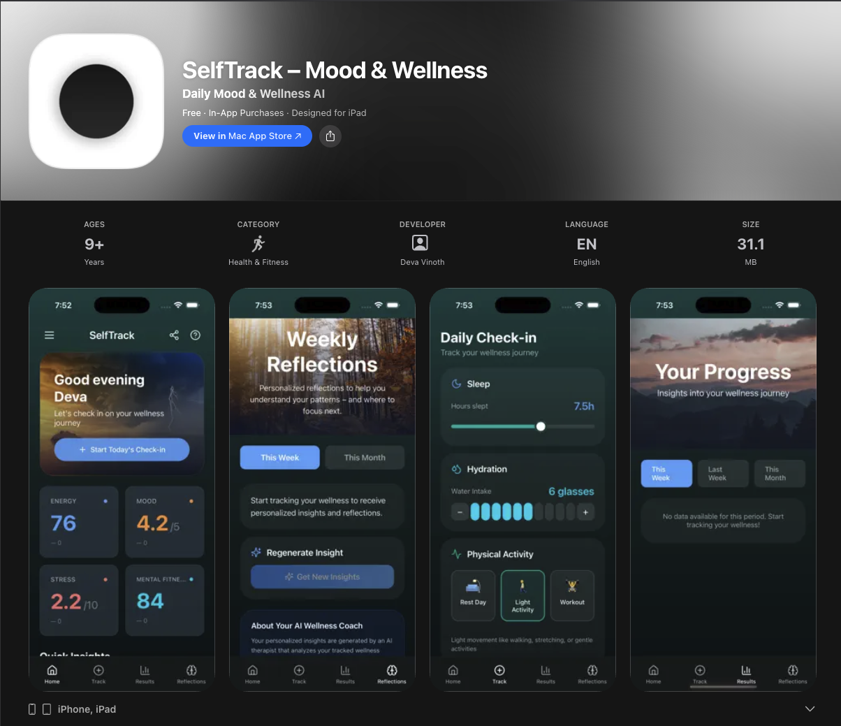 SelfTrack Mood & Wellness app preview